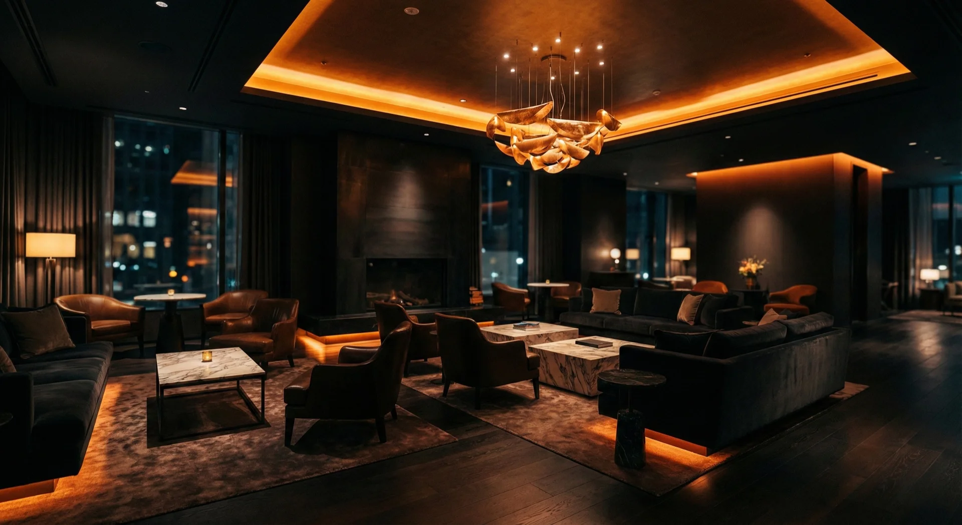 Elegant hotel lounge with warm ambient lighting