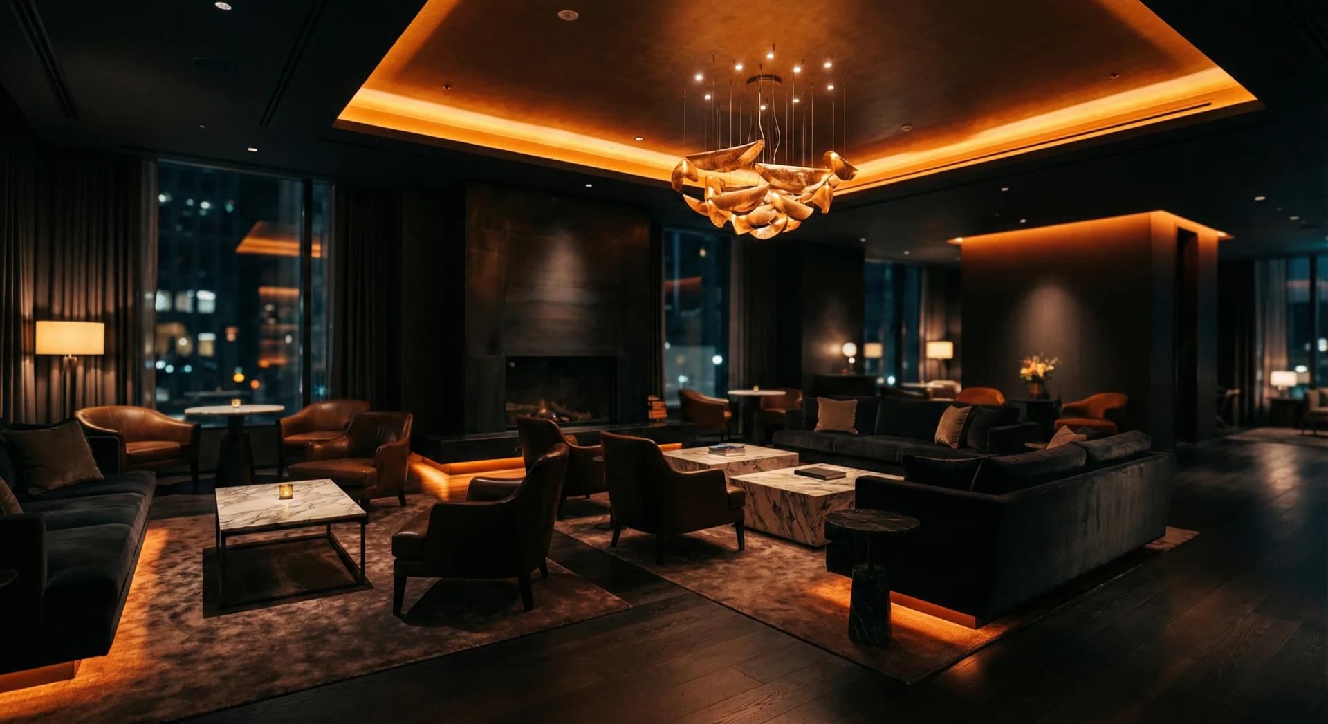 Luxurious dark hotel lobby bar with warm amber lighting and high-end modern furniture